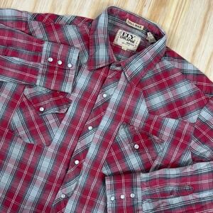 Vintage Ely Cattleman Shirt Mens XLT Tall Red Plaid Pearl Snap Western Cowboy